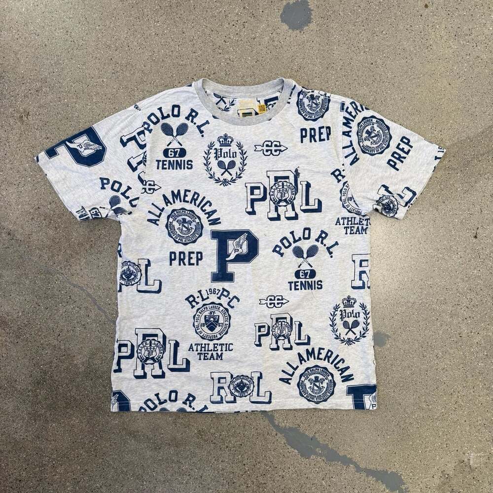 Polo Ralph Lauren All Over Print Graphic T-Shirt Grey Blue Youth XL